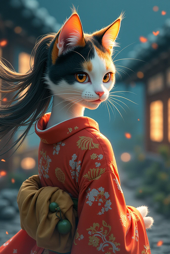 Japanese Yokai、Cat、Anthropomorphic female calico cat:1.5、Detailed whisker pads:1.5、The body is human、Fluid and detailed3Long hair in color、Wearing traditional Japanese kimono、Night after night, I lick the oil from the lantern、Traditional Japanese House、Exquisitely detailed kimono texture:1.5、Beautifully detailed fur texture、Very detailed、Ethereal、Shine、mysterious、Fantasy、Ukiyo-e style、Bright colors、Dramatic lighting、Digital Painting、8k、high quality
