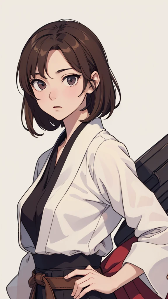 (((masterpiece, best quality, ultra highres, 1 girl, solo, no background))), super detailed skin and face and eyes and finger, beautiful japanese woman, small breasts:1.5, skinny, light brown hair, very short pixie hair, cowboy shot, The background should be simple, outline, anime, 2d, boyish, expressionless, flat anime,