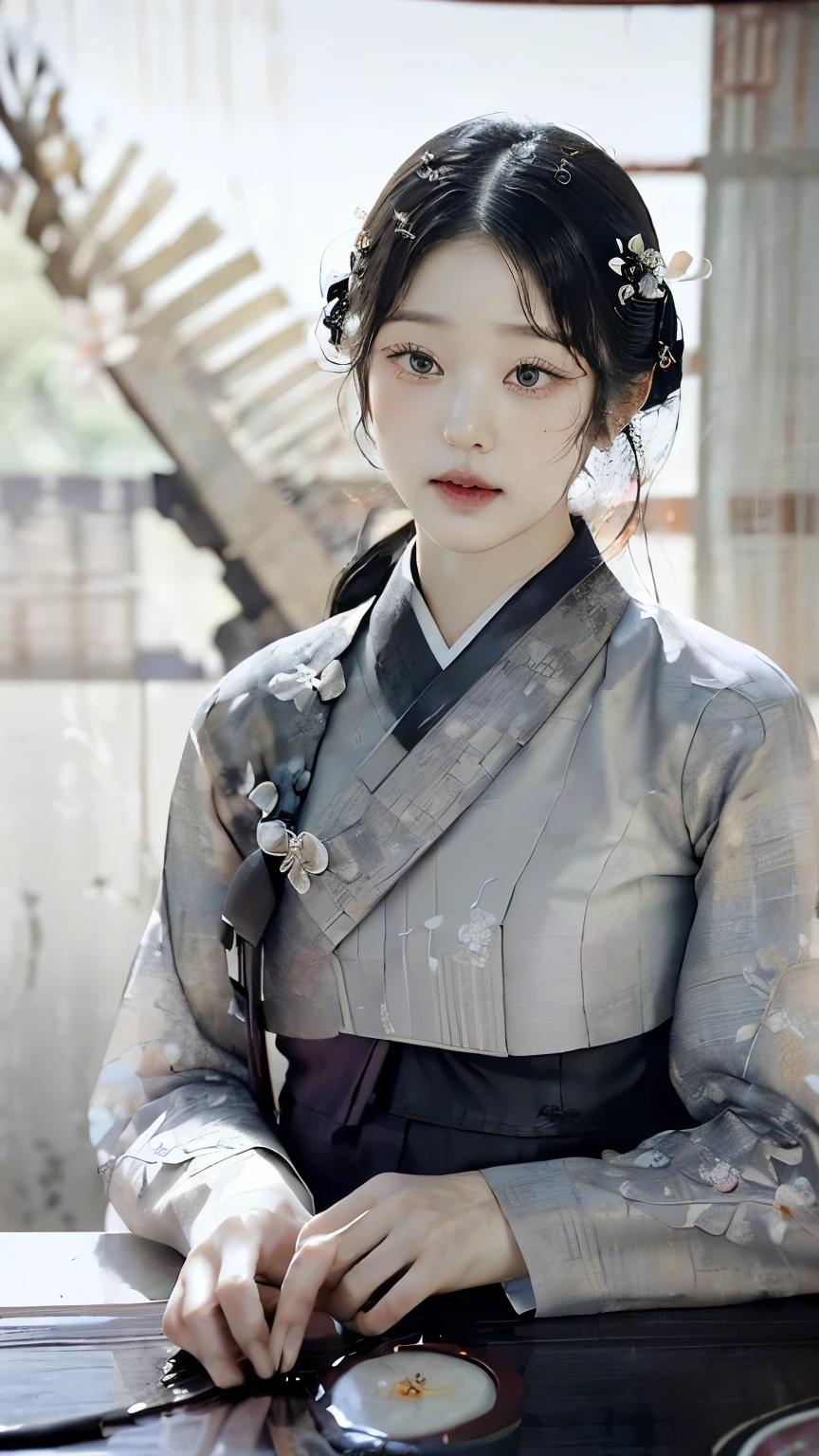 (best quality, 8k, masterpiece: 1.3), ((((((ridiculously big tits: 0.8))))), hairpin, (beautiful face:1.3), plum blossom ink painting background,authentic hanbok, 1920s photo studio, (It feels like a faded photograph: 1.4), Old photos, laugh, Black and white photo, 1920s Hanbok style and hairstyle, retro style