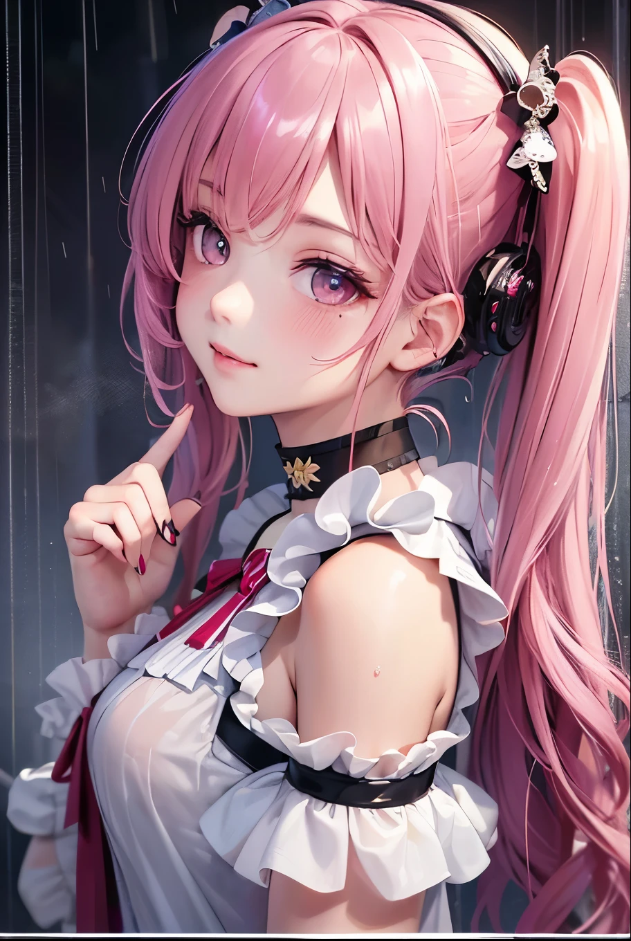 masterpiece, best quality, highly detailed, high resolution, expensive resolution, high resolution, 4k, 8k, uniform 8k wallpaper, highly detailed CG, masterpiece, 2d, 3d, beautiful details, depth, fine texture, best quality: 1.3, perfectly focused, sharp. skin, him, very cute anime girl, her name is Mei, short pigtails, idol, in the rain, expensive pink short pigtails, mole under eye, looking at the viewer, expensive, blush, mole, open lips, pink eyes, heart shaped choker, smiling face