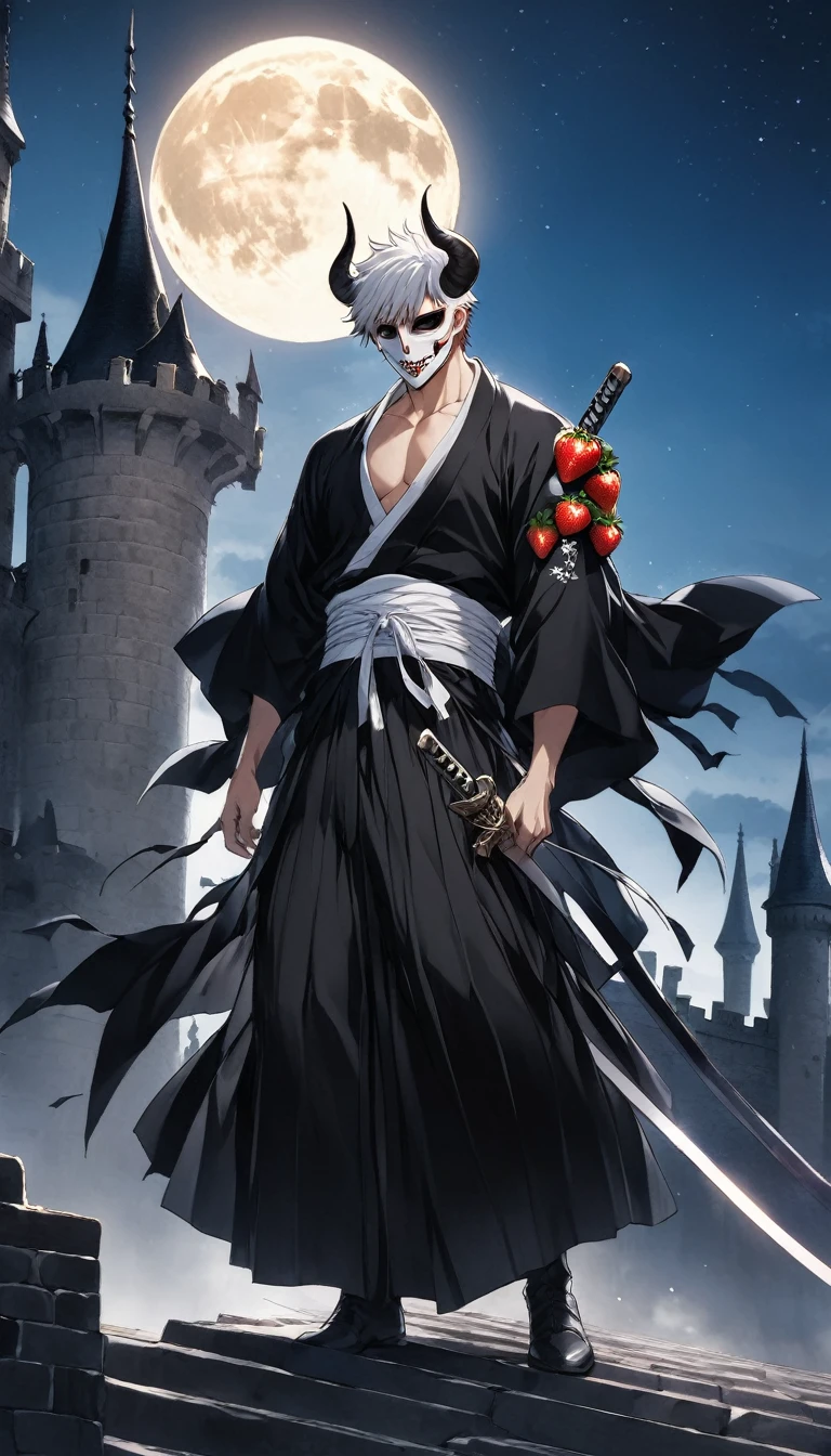 Handsome adult male anime character photo "strawberry" With a skull mask and long black horns, In a black kimono、He was carrying a typical sword.、Standing on top of a castle tower gazing at the moon at night。.