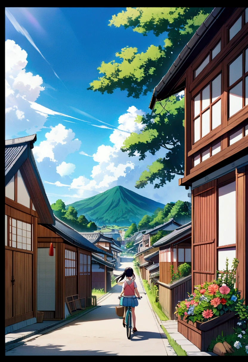 Anime-style rural Japanese town, vibrant colors, dramatic cloudscape, schoolgirl with bicycle, wooden traditional houses, lush green mountains, Makoto Shinkai inspired, nostalgic summer day atmosphere