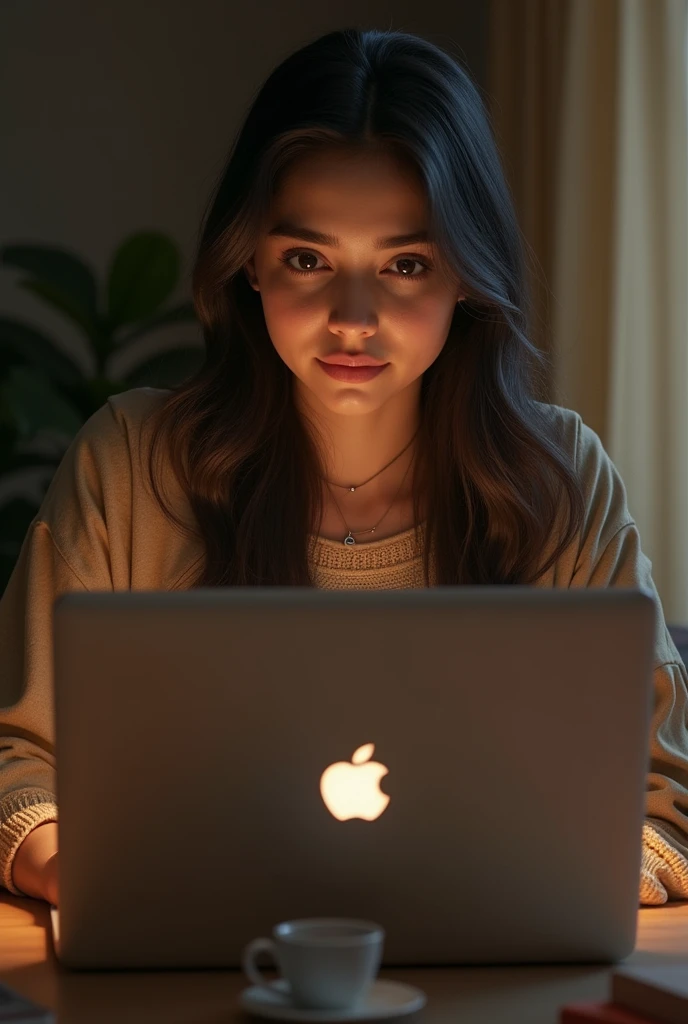 Beautiful Pakistani girl long hair with laptop