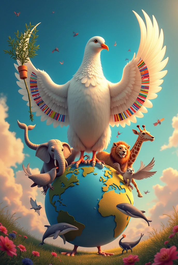 International Peace　Peace sign with national flag pattern　One big pigeon　Olive leaves　Iridescent sky　colorful　Animals popping out of a globe-shaped jack-in-a-box　Giant hugging the earth　Flying Lion　Flying Elephant　Flying Giraffe　Tiger Flying Whale　double helix structure　infinite　Möbius strip