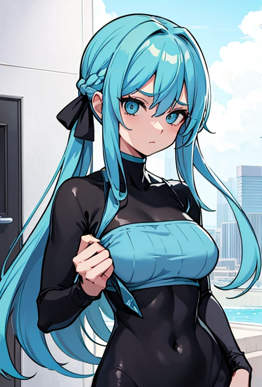 1 cute girl, light blue hair, long messy hair, blue-green eyes, very big chest, tight clothes. Although she has an enviable physique, due to her nefarious personality, most people see her as nothing more than a pretty face and nothing more. She is the typical spoiled brat with no brains incapable of doing anything without being surrounded by minions who do everything for her.