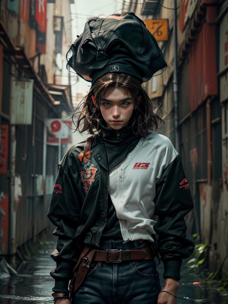 (wide shot:1.6), Unreal Engine:1.4, CG K ultra-realistic, photorealistic:1.4, skin texture:1.4, perfectly detailed, (artwork 1 young man from full body:1.5), (brown hair, green eyes, full body lips and a confident sensual smile:1.5), (punk style hairstyle with shaved side:1.3), tattoos, gun Gatling, box, looking at viewer, dynamic and virile pose, punches, ammunition belt, gloves, large muscles, shooting, Extremely detailed:1.4, more detailed, optical mix, fun patterns, animated texture, unique visual effect:1.3, jacket petrol blue:1.3, masterpiece, in the background an abandoned building with junk, (colors, cyan, green, orange, brown:1.2), (realistic 8k digital art)