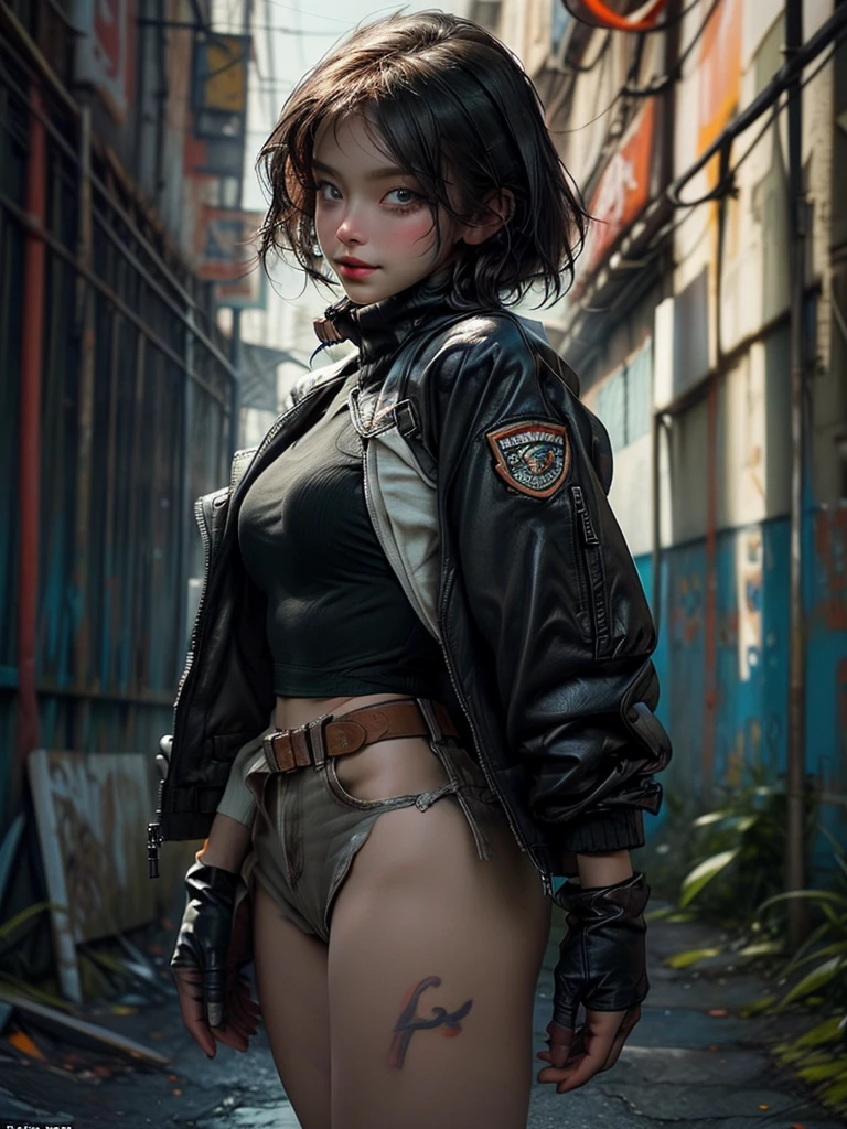 (wide shot:1.6), Unreal Engine:1.4, CG K ultra-realistic, photorealistic:1.4, skin texture:1.4, perfectly detailed, (artwork ung man from full body:1.5), (brown hair, green eyes, full body lips and a confident sensual smile:1.5), (punk style hairstyle with shaved side:1.3), tattoos, gun Gatling, box, looking at viewer, dynamic and virile pose, punches, ammunition belt, gloves, large muscles, shooting, Extremely detailed:1.4, more detailed, optical mix, fun patterns, animated texture, unique visual effect:1.3, jacket petrol blue:1.3, masterpiece, in the background an abandoned building with junk, (colors, cyan, green, orange, brown:1.2), (realistic 8k digital art)