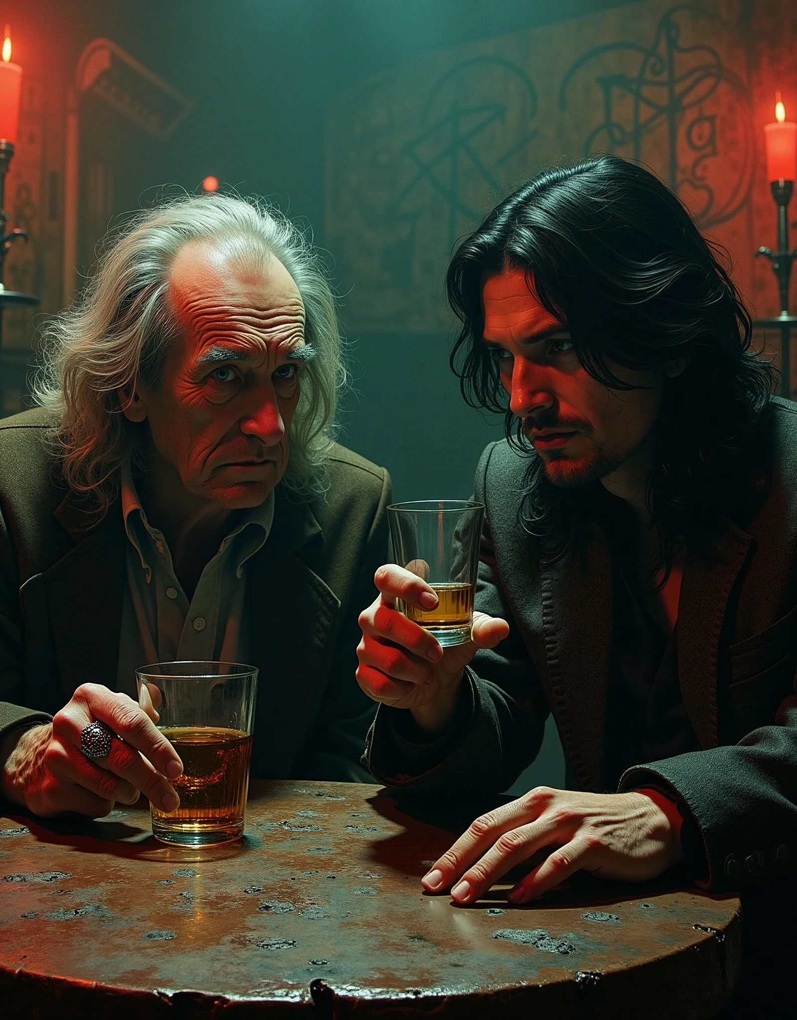Williams S. Burroughs and yong Jimmy Page, with Mugwumps, drinking Jack Daniels whiskey, sleazy bar, satanic ambiance