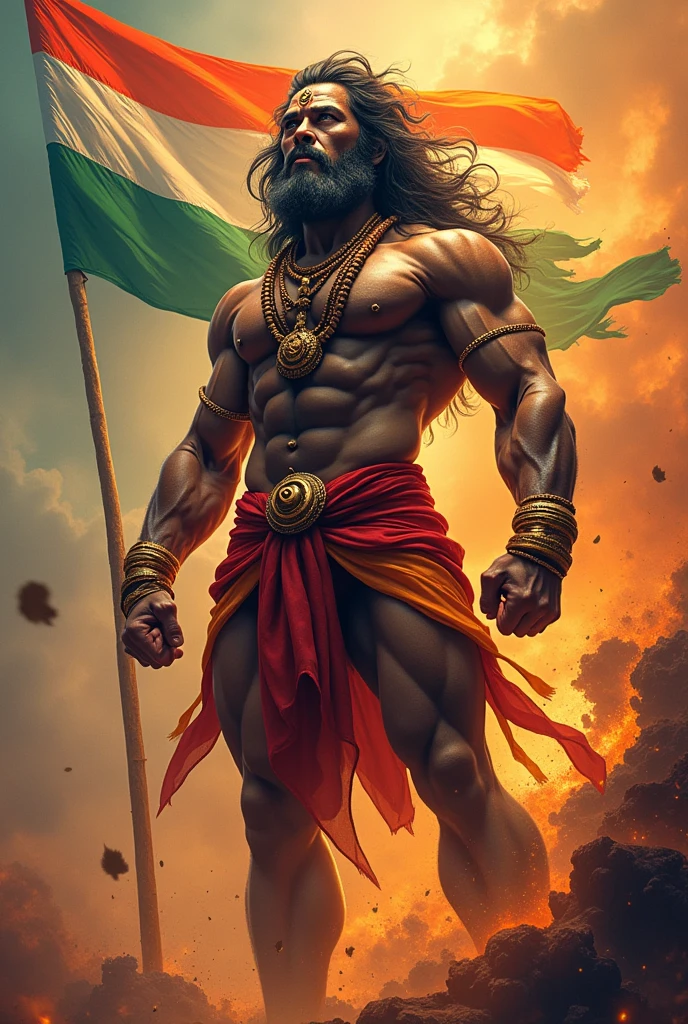 Create an image of Lord Hanuman full HD image and mix monkey face not hair in a powerful and dynamic pose. Behind Him, there should be an Indian flag waving proudly. The background should be filled with vibrant colors, symbolizing strength and devotion. Ensure the flag is clearly visible and adds to the overall energy and patriotism of the image,