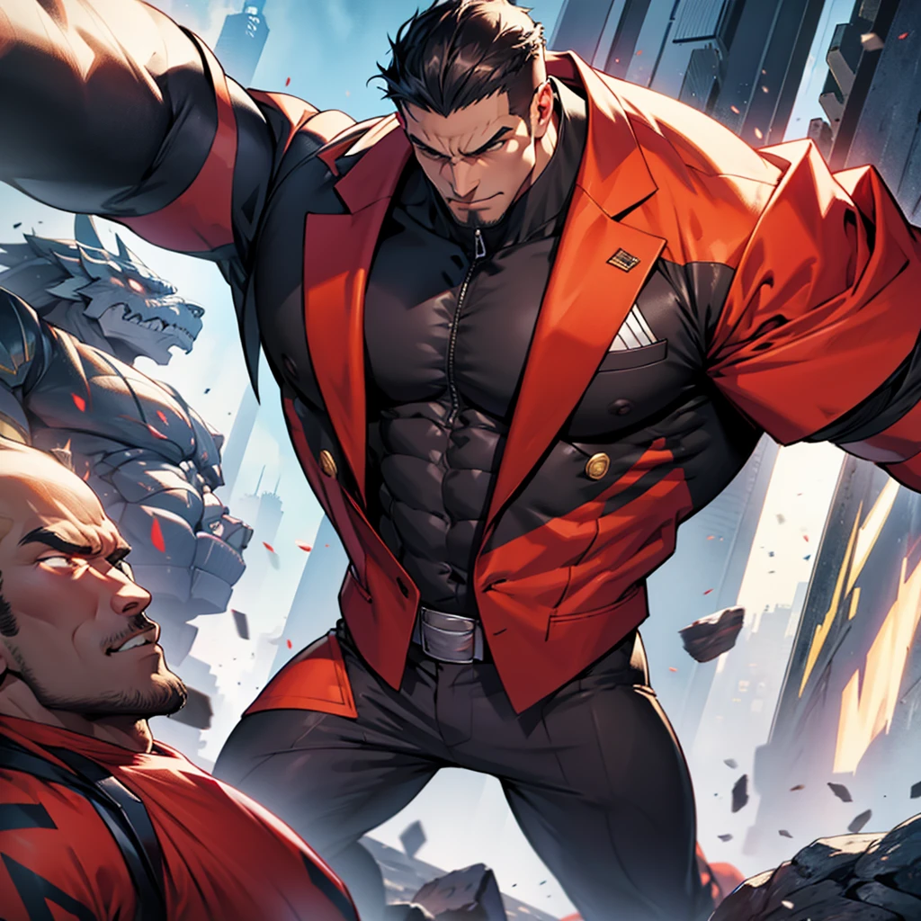 A giant with huge muscles in a suit。