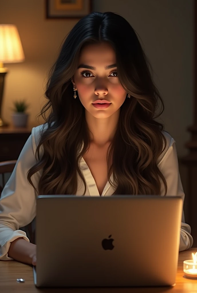 Beautiful Pakistani girl long hair with laptop