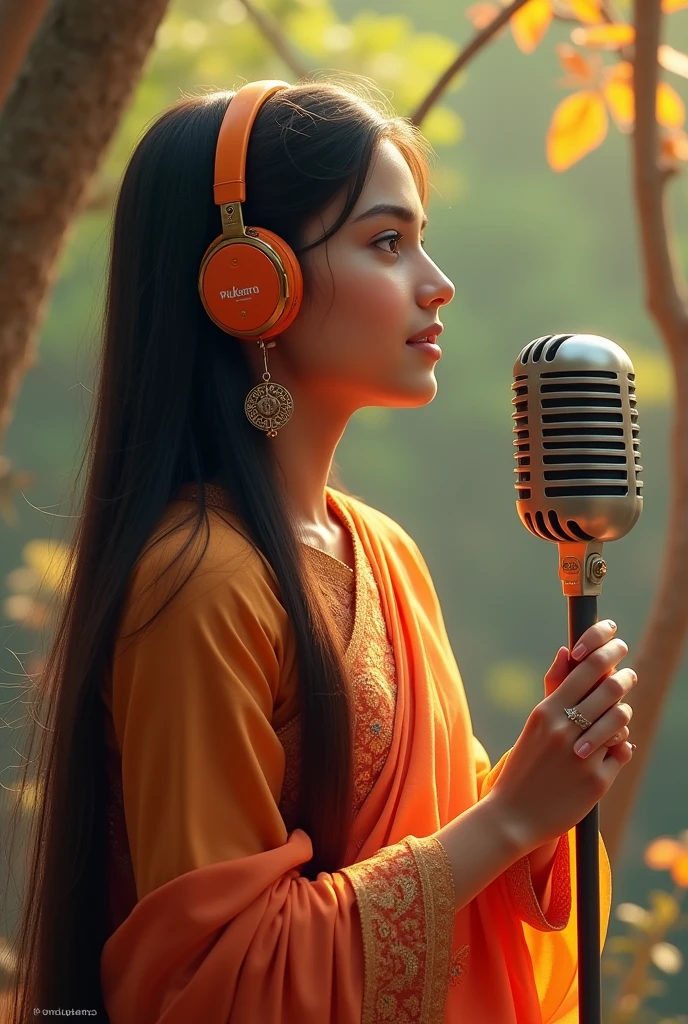 A beautiful girl , singing song using headphone and mic , on mic write Ruksana name ,, a girl with kurta and dupatta , long straight nice open hairs,
