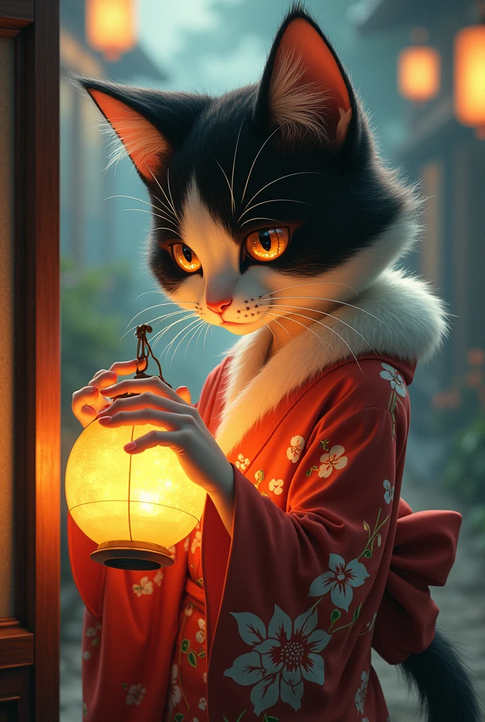 Japanese Yokai、Cat、Anthropomorphic female calico cat:1.5、Detailed whisker pads:1.5、The body is human、Detailed Oiran hairstyle、Wearing traditional Japanese kimono、Night after night, I lick the oil from the lantern、Traditional Japanese House、Exquisitely detailed kimono texture:1.5、Beautifully detailed fur texture、Very detailed、Ethereal、Shine、mysterious、Fantasy、Ukiyo-e style、Bright colors、Dramatic lighting、Digital Painting、8k、high quality
