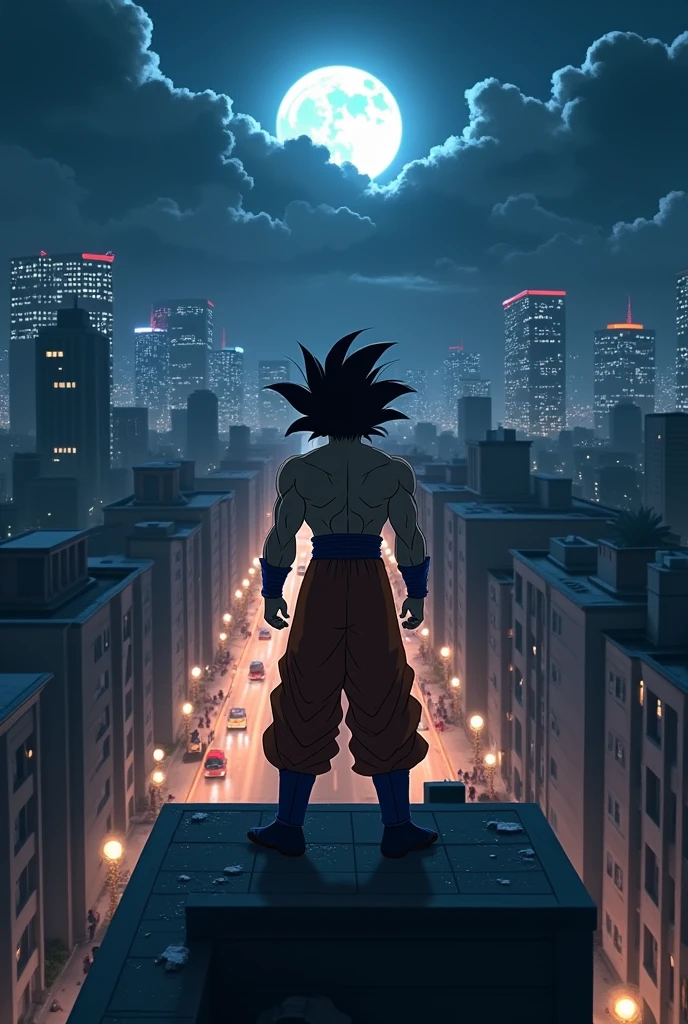 Sitting on the roof of a building on a dark night、A beautiful widescreen anime-style image of Super Saiyan Goku looking out over the city from the other side of the street