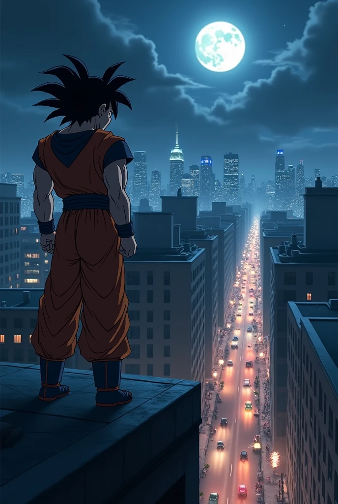 Sitting on the roof of a building on a dark night、A beautiful widescreen anime-style image of Super Saiyan Goku looking out over the city from the other side of the street