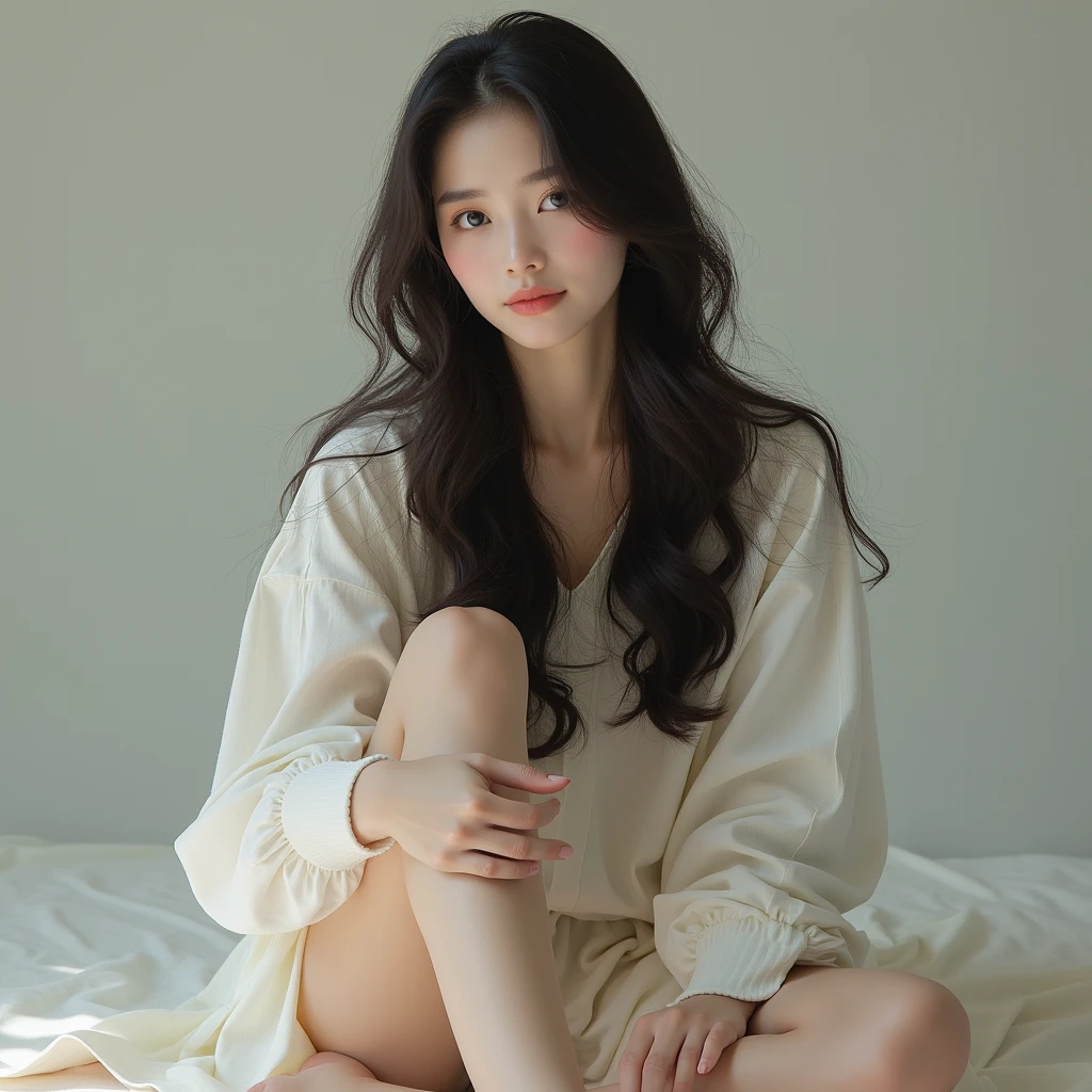 A korean girl with long weavy hair sits with her legs stretched out, taking a realistic photo