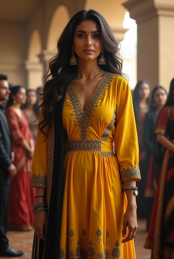 Celebrity of india standing and yellow black short frock wearing