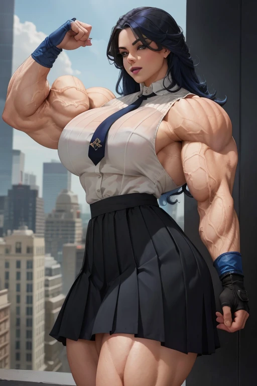 ((Close-up)), tall, (royal blue hair) beautiful muscular woman, long curly wavy hair, pale white skinned, closed smile, (black lipstick), (massive muscles), (hyper muscle), (ginormous bulky muscles), white eyes, (((sleeveless royal blue pleated shirt))), ((long black pleated skirt)), (fingerless gloves), necktie, boots, (flexing biceps), on a skyscraper,