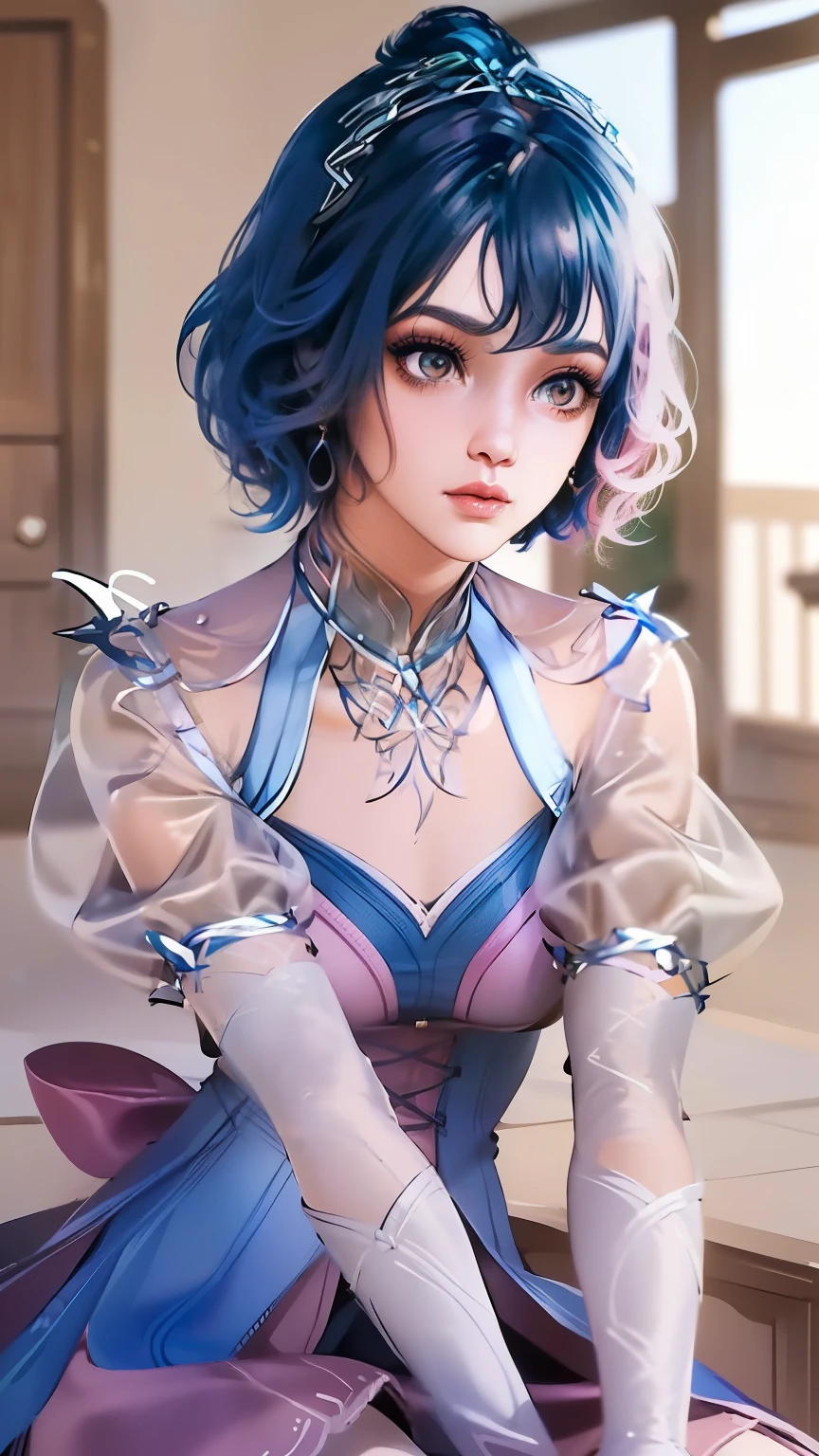 (best quality, masterpiece), 1girl, beautiful girl, brown_eyes, ((hair color [blue and pink hair], [pixie cut with bangs] hair)), earrings, lips, short sleeves,realistic, narrow waist, charming, colorful makeup, long eyelashes, fair skin, (cute), (detailed face), detailed eyes, detailed iris, consistent character, diferent pose