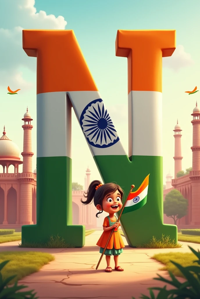independent day picture of india with latter big N and indian monument.put cute female child look at big N WITH flag