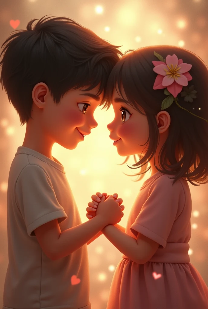 "A beautiful moment between a boy and a girl, both gazing deeply into each other's eyes while holding hands. The scene is filled with warmth and affection, capturing an intimate and tender connection between them. The setting is soft and romantic, with gentle lighting that enhances the emotional bond between the two."