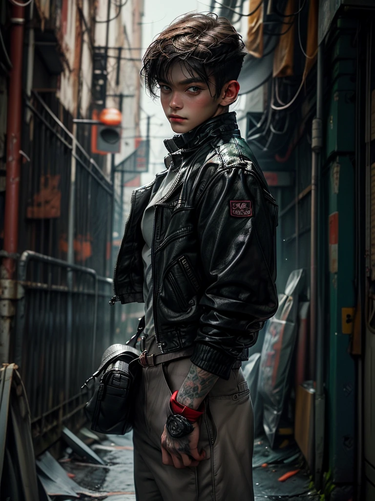 detailed young man with short brown hair, green eyes, and a confident sensual smile, wearing a punk style haircut with shaved sides, tattoos, carrying a Gatling gun, standing in a dynamic and virile pose, punching with large muscles, wearing a petrol blue jacket, ammunition belt, and gloves, set in an abandoned building background with junk, highly detailed, photorealistic, 8k digital art, colors of cyan, green, orange, and brown