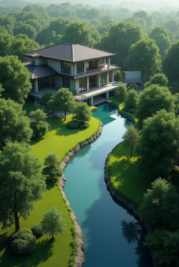 House surrounded by artificial river which can be created by human in few distance and both the house and river surrounded by trees in a distance from river all in side squate shave property.
Show it from sky view.