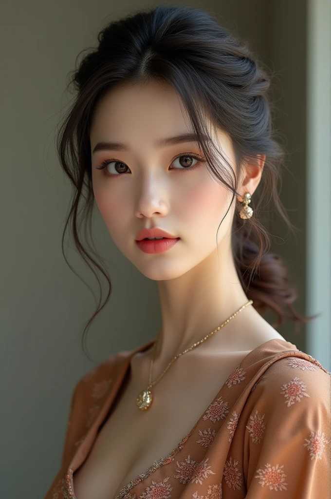 Image of a realistic woman , with nice clothes 
