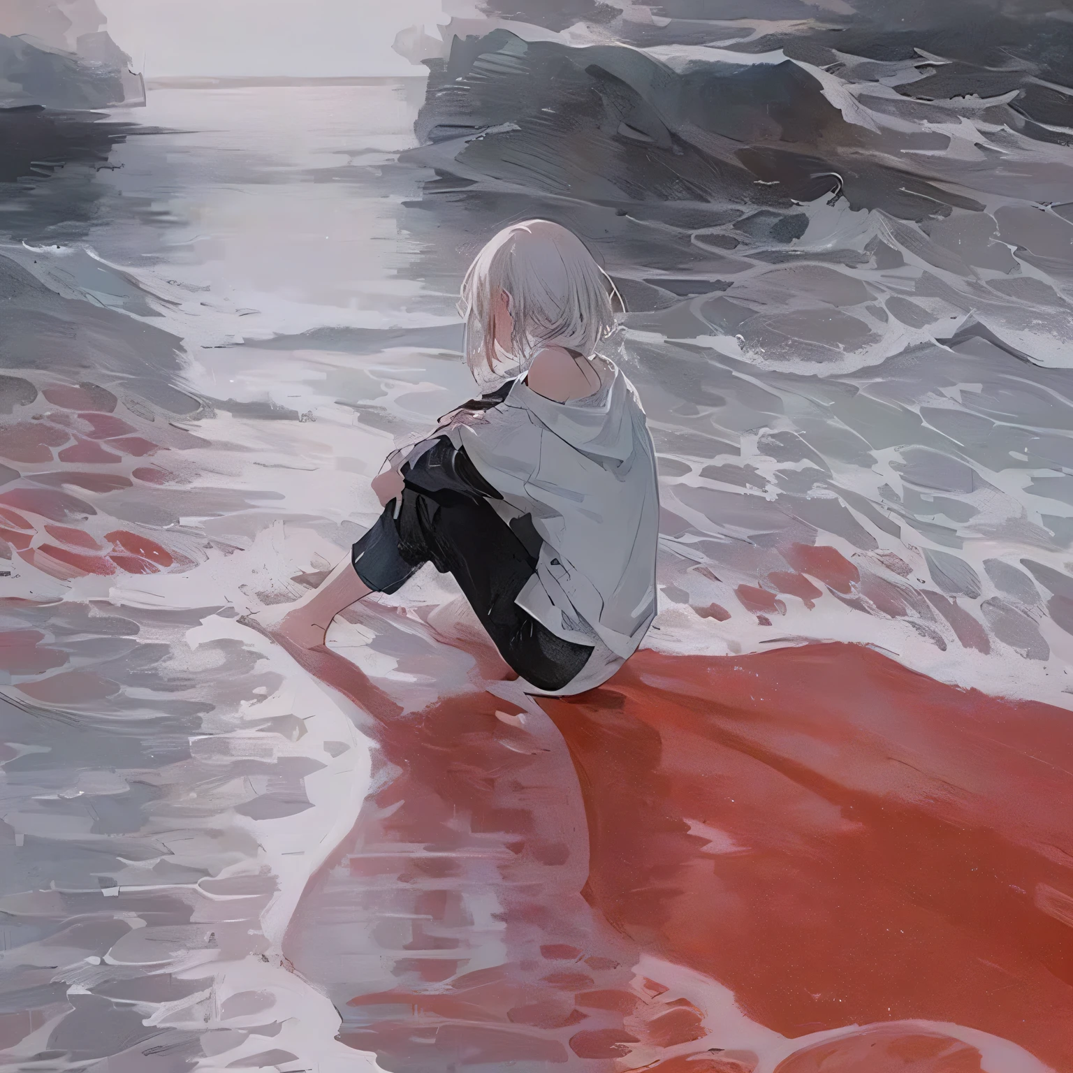 A picture of a person, sitting on a surfboard in the water, Sea of sadness, Looking at the red ocean, nostalgic Melancholic artwork, A little red water, anime aesthetics, bloody ocean, anime girl walks on water, on the ocean water, anime aesthetics, Кровь in the sea, Melancholic art, in the sea