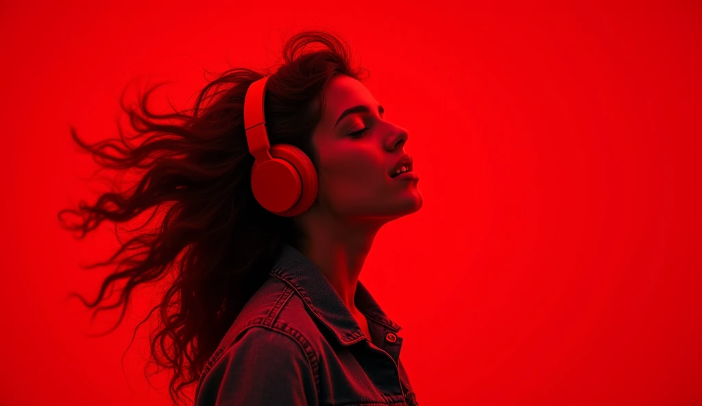 photorealistic:1.3, a photo of young woman wearing red headphones against a red background. The scene has a dynamic and surreal quality, as her hair appears to be transforming into a splash of liquid or particles, giving the impression of motion and energy. She is captured in profile, with her mouth slightly open, as if she is singing or speaking. The red theme is consistent across the image, emphasizing the headphones and the abstract effect of her hair. The woman's clothing, a denim jacket, provides a subtle contrast to the vibrant red tones.