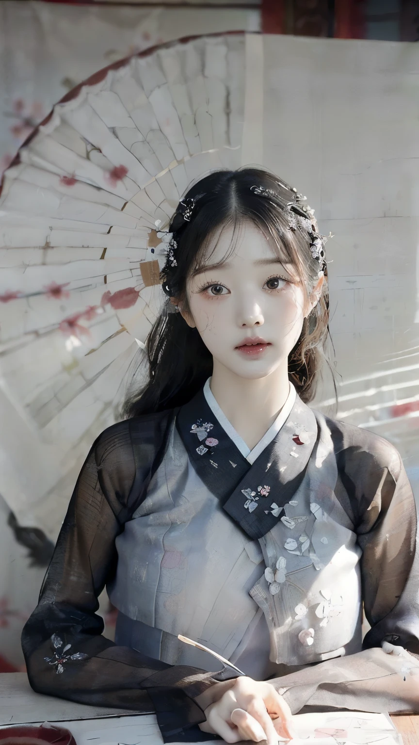 (best quality, 8k, masterpiece: 1.3), ((((((ridiculously big tits: 0.8))))), hairpin, (beautiful face:1.3), plum blossom ink painting background,authentic hanbok, 1920s photo studio, (It feels like a faded photograph: 1.4), Old photos, laugh, Black and white photo, 1920s Hanbok style and hairstyle, retro style