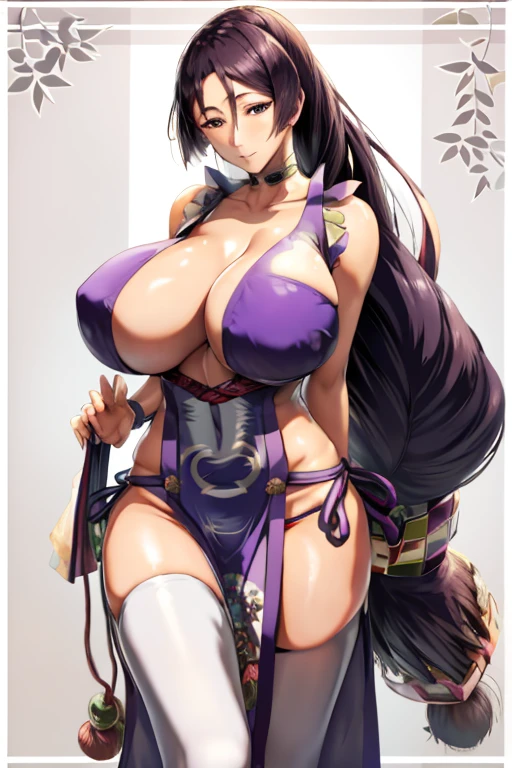 masterpiece, best quality, beautiful art, high resolution, well formed hands, body and fingers, 1 woman, solo, Minamoto no raikou, 31 years old, hair ornament, adult, grown up, big breasted, cleavage, full body, braided long hair, blue_japanese_clothes, wearing DOA Kasumi's blue kunoichi dress, sexy and skimpy japanese clothes, kimono peek, sleeveless, panties peek, white stockings, gorgeous legs and thighs, dancing seductively and erotically, turning backwards and forwards, shaking her body alluringly , sweating , bouncing breasts, smiling joyfully, looking at the viewer, flirting, beach environment