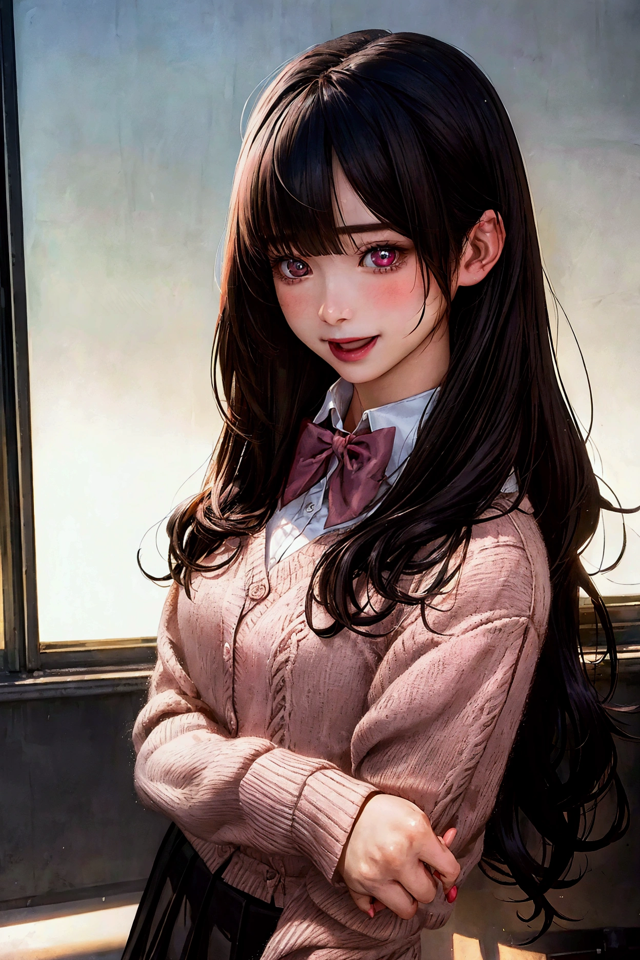 (masterpiece:1.2, top-quality), (realistic, photorealistic:1.4), beautiful illustration, (natural side lighting, movie lighting), depth of fields, nsfw, 
beautiful detailed hair, beautiful detailed face, beautiful detailed eyes, beautiful clavicle, beautiful body, beautiful chest, beautiful thigh, beautiful legs, shiny skin, pink skin, 
looking away, 1 girl, 12 years old, (perfect anatomy, anatomically correct, super detailed skin), cute and symmetrical face, perfect face, perfect eyes, perfect body, 
(long hair, straight hair, sideburns, black hair), blunt bangs, hair between eyes, break maroon eyes, big eyes, long eye lasher, (medium breasts, seductive thighs), babyface, slender, 
(detailed cloth texture, break white collared shirt, break long sleeve pink knit cardigan, break black pleated skirt, break red bow tie), maroon headband, 
(beautiful scenery), evening, (school classroom:1.2), standing, (lovely smile, open mouth small), 