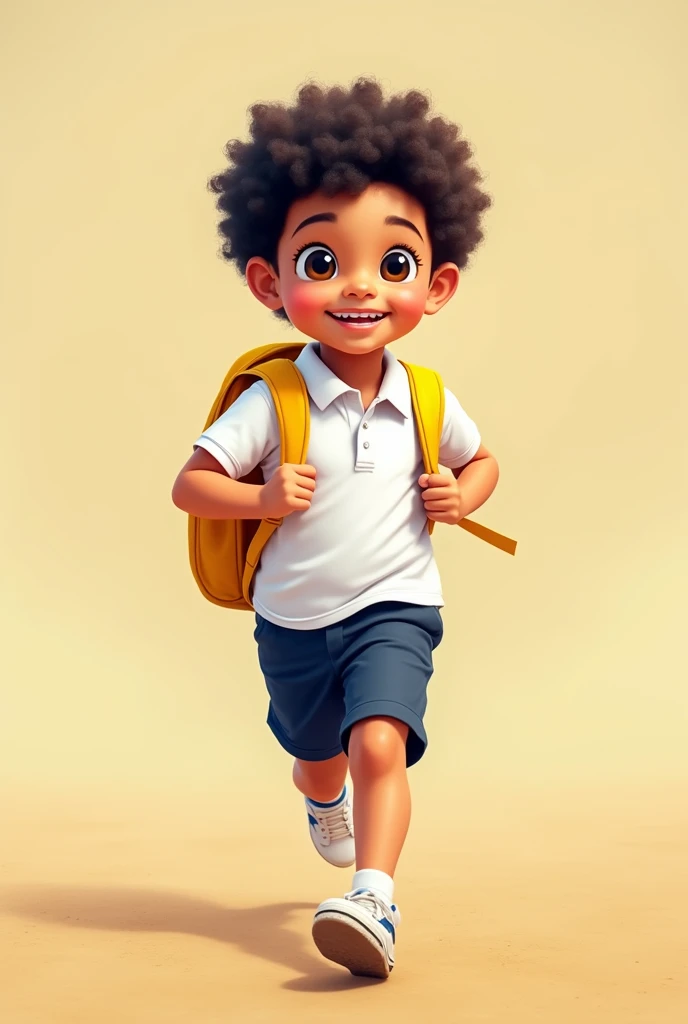 A photography of Saudi cute school ??? run happy with dark hair color and eyes, wearing yellow school pack bag and school uniform white polo t-shirt with short sleeve in dark blue color details with dark blue trousers. The background should be islolated