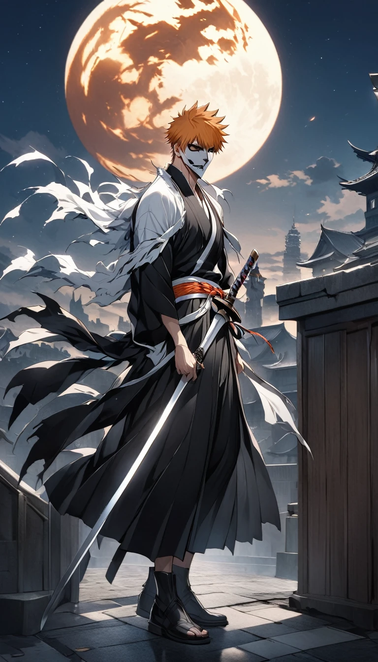 PHOTO OF THE CHARACTER OF A HANDSOME ADULT MALE ANIME "ICHIGO" with a SKULL MASK and long black horns, a BLACK KIMONO APPEARANCE AND HIS TYPICAL SWORD IS STANDING ON TOP OF THE CITY TOWER WHILE STARING AT THE NIGHT MOON.