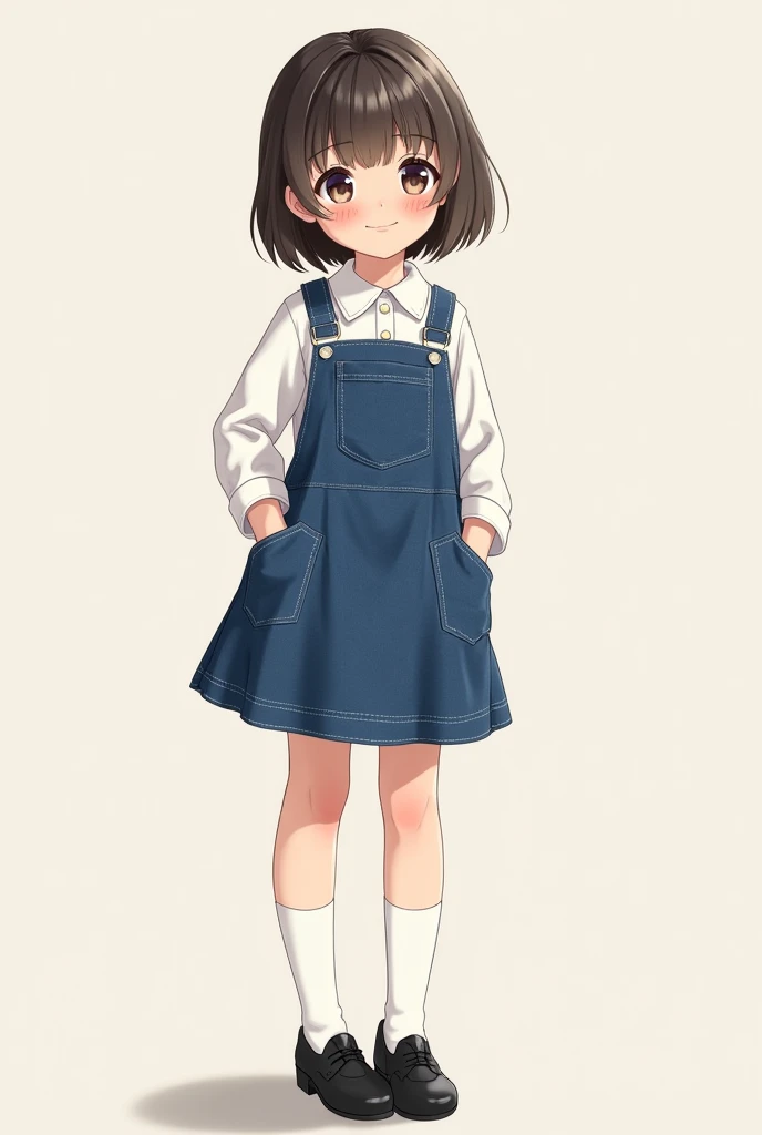 A girl wearing a Denim pinafore dress reaching her knees, white full sleeves shirt underneath, cute black school shoes with slight heels , and white socks 