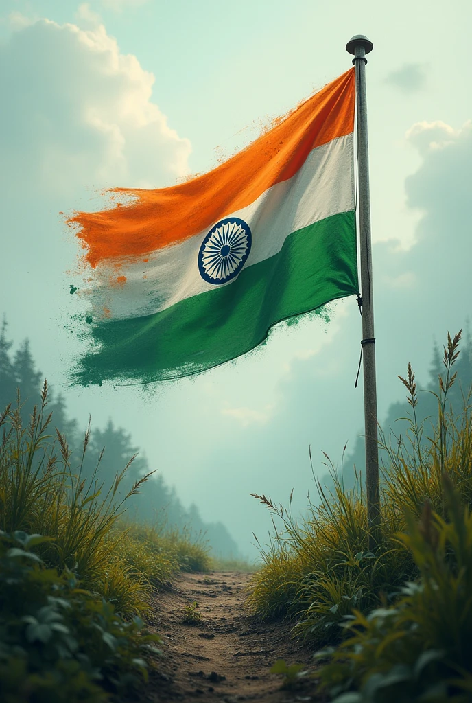 Tiranga in Harmony with nature ("Illustrate the Indian Tricolors being affected by global warming..!EG: the saffron color fading due to pollution, the white color turning grey due to smog, or the green color withering due to deforestation"