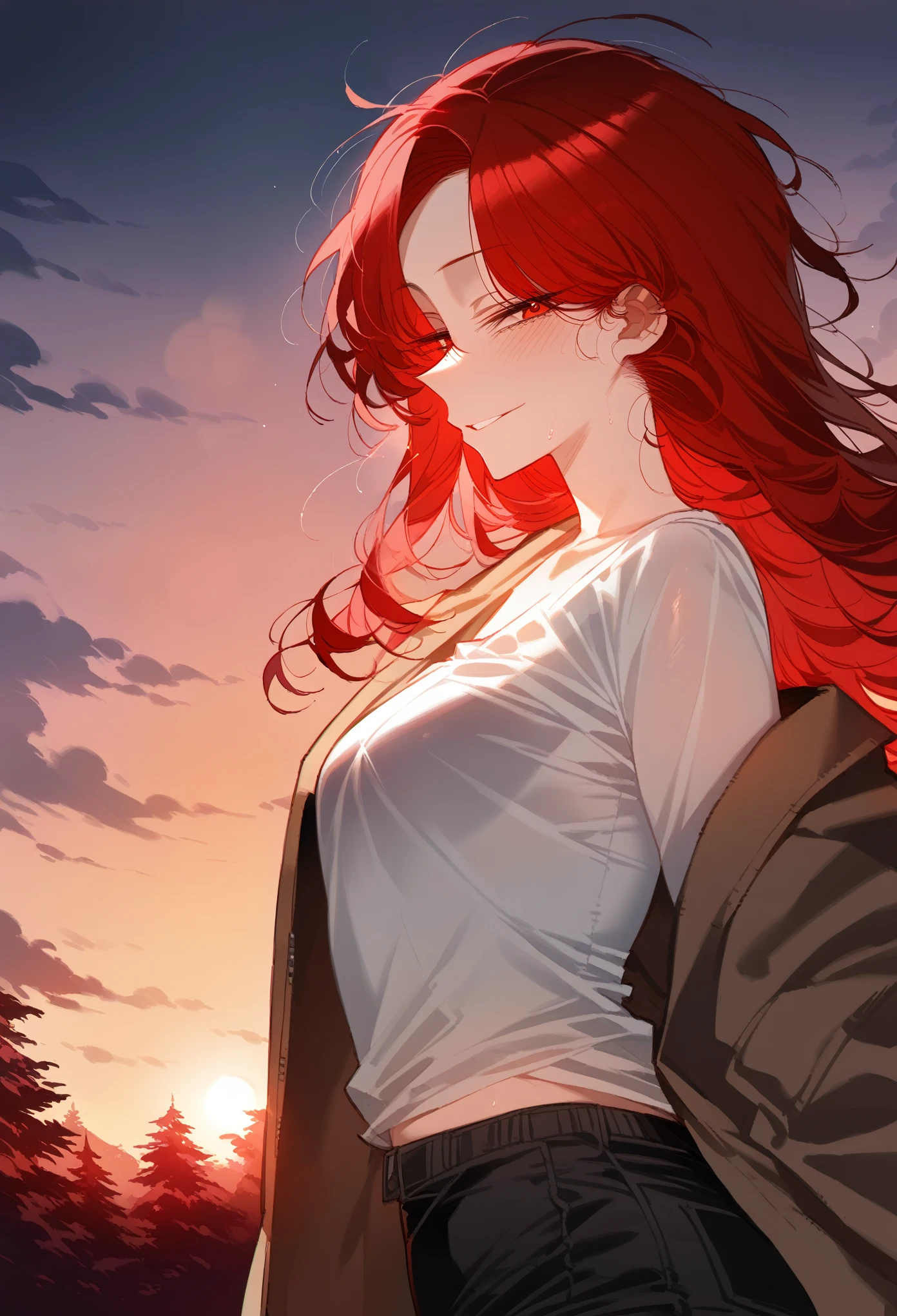 1girl, (((masterpiece, best quality, best anatomy, expressive eyes, narrow eyes, perfect face, gorgeous face, beautiful asian face, age girl, beautiful girl))), 18 year old girl, red hair, red eyes, long hair, messy hair, medium breasts, lightskin, brown jacket, white shirt, black shorts, smile, (morning, trees, sunrise), solo, looking at viewer, ((ratatatat74 style))