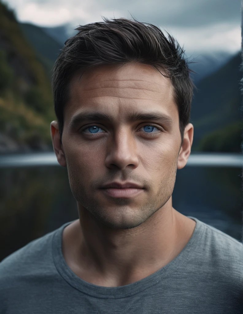 Man. Dark brown hair. Light skin. Dark Blue-grey eyes. Pole nationality. 30 years old., (best quality,4k,8k,highres,masterpiece:1.2),ultra-detailed,(realistic,photorealistic,photo-realistic:1.37),cinematic composition,beautiful scenery,moody,atmospheric,vibrant colors