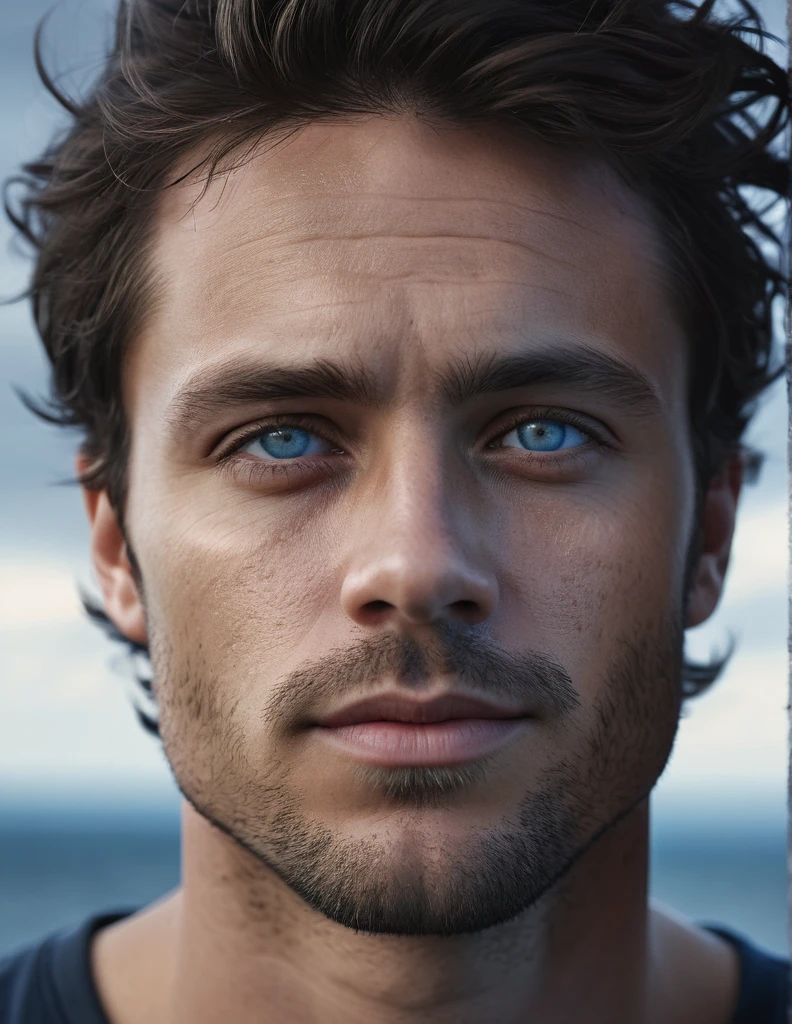 Man. Dark brown hair. Light skin. Dark Blue-grey eyes. Pole nationality. 30 years old., (best quality,4k,8k,highres,masterpiece:1.2),ultra-detailed,(realistic,photorealistic,photo-realistic:1.37),cinematic composition,beautiful scenery,moody,atmospheric,vibrant colors