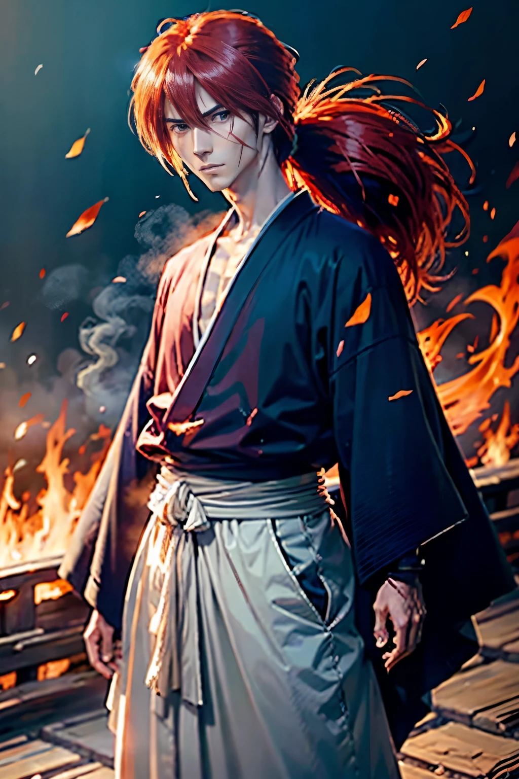 Japanese anime from Rurouni Kenshin Kenshin Himura A man with long red hair tied in a low ponytail Cool man Samurai Cross scar on left cheek Rurouni Kenshin anime Sword on waist Sharp eyes Handsome yet kind Battousai Red hakama Kenshin anime art anime anime style Full body Perfect reproduction Detailed art Accurate pose Well-defined eyes Nose line Perfect face Cool guy Handsome Slender man Perfect face Natural anime face background Burning Castle Kyoto Arc from Rurouni Kenshin background Inside the burning castle Battle Accurate face Well-defined face 8K high quality anime