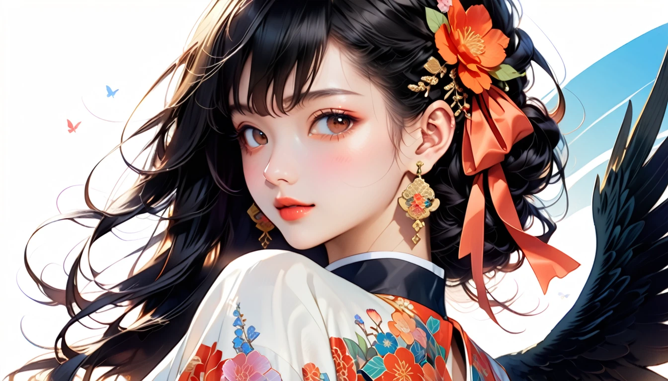 (((Ink painting))), Colorful fashion pictures, (((1 girl))), (((Tattoos on the face))), (((Great hair accessories))), Japanese style headphones, Face up close, Japanese beautiful girl, Black hair, Sensitive and precise, Modern Ukiyo-e style