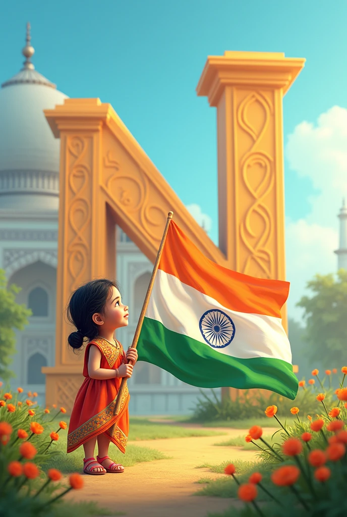 independent day picture of india with latter big N and indian monument.put cute female look at big N WITH flag