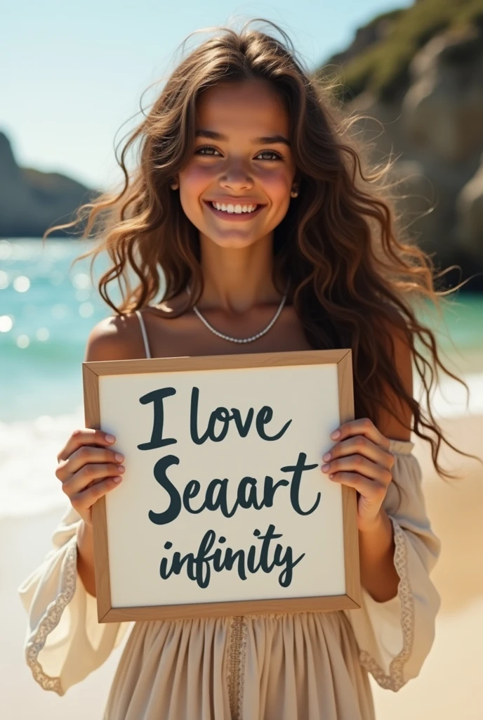 Beautiful girl with wavy long hair, bohemian dress, holding a white board with text "I Love Seaart Infinity" and showing it to the viewer
