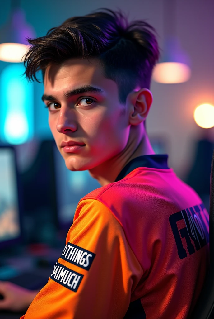 A young man gamer wearing esports jersy with a name "ArigathingsGosaimuch" at the back of the shirt