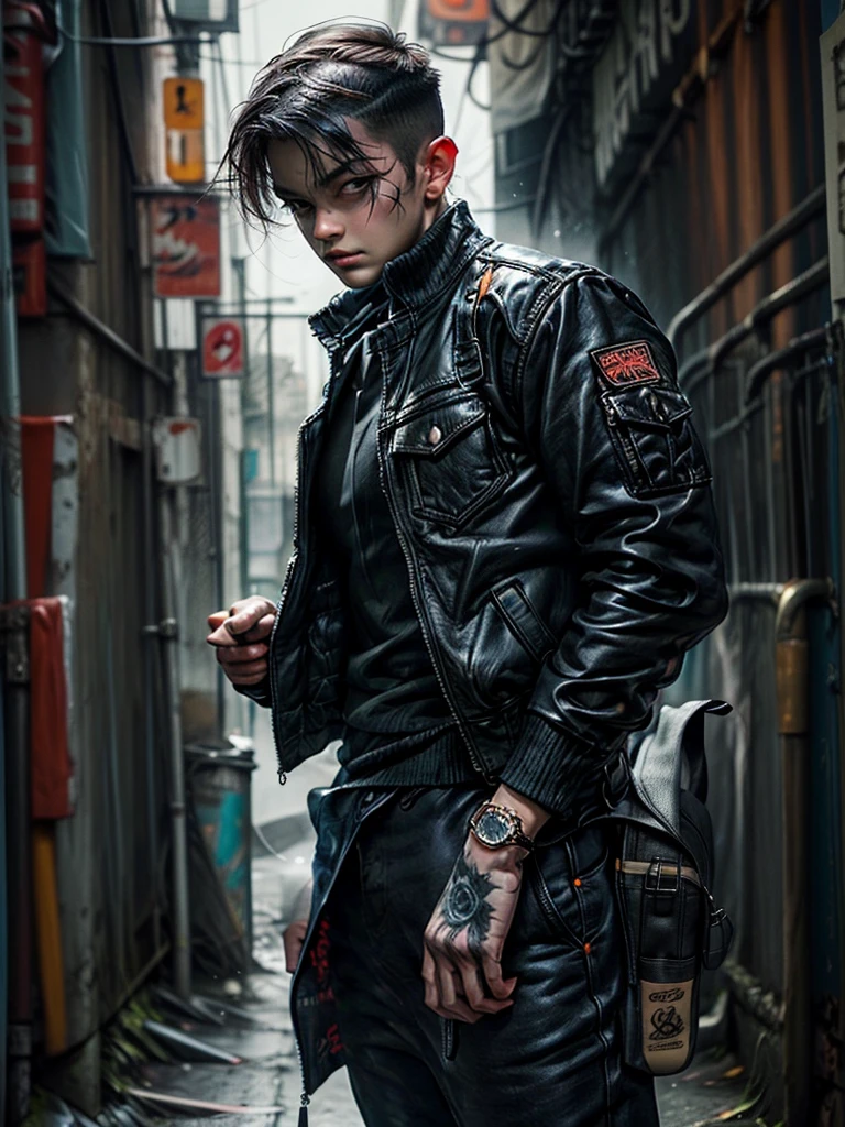 detailed young man with short brown hair, green eyes, and a confident sensual smile, wearing a punk style haircut with shaved sides, tattoos, carrying a Gatling gun, standing in a dynamic and virile pose, punching with large muscles, wearing a petrol blue jacket, ammunition belt, and gloves, set in an abandoned building background with junk, highly detailed, photorealistic, 8k digital art, colors of cyan, green, orange, and brown