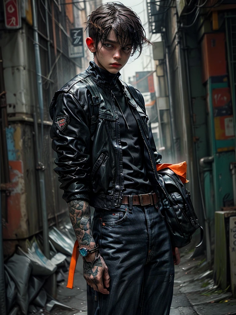 detailed young man with short brown hair, green eyes, and a confident sensual smile, wearing a punk style haircut with shaved sides, tattoos, carrying a Gatling gun, standing in a dynamic and virile pose, punching with large muscles, wearing a petrol blue jacket, ammunition belt, and gloves, set in an abandoned building background with junk, highly detailed, photorealistic, 8k digital art, colors of cyan, green, orange, and brown