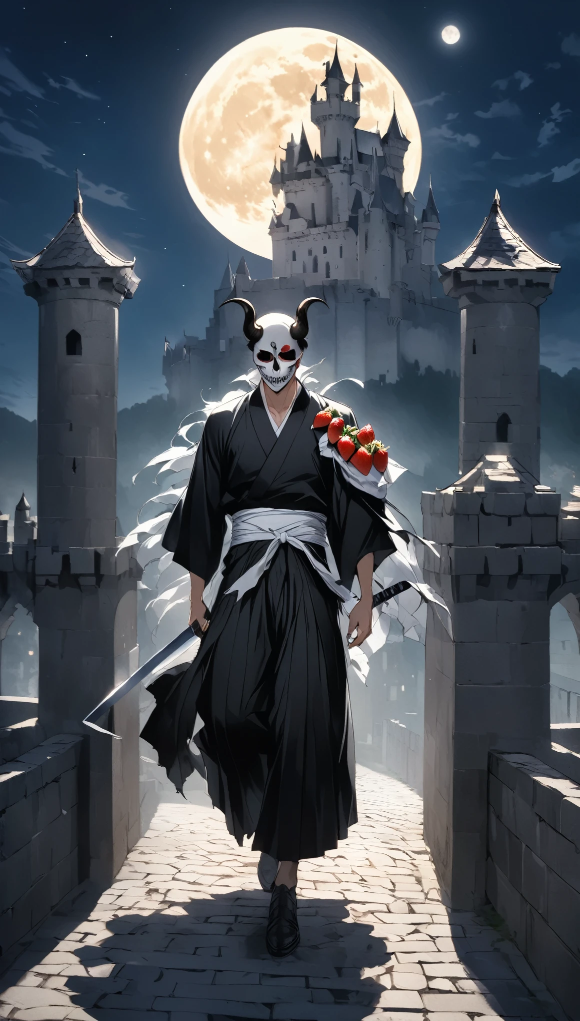 Handsome adult male anime character photo "strawberry" With a skull mask and long black horns, In a black kimono、He was carrying a typical sword.、Standing on top of a castle tower gazing at the moon at night。.