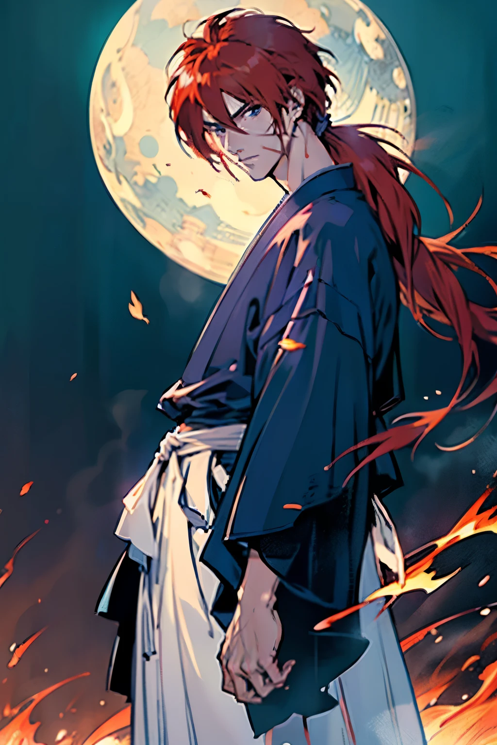 Japanese anime from Rurouni Kenshin Kenshin Himura A man with long red hair tied in a low ponytail Cool man Samurai Cross scar on left cheek Rurouni Kenshin anime Sword on waist Sharp eyes Handsome yet kind Battousai Red hakama Kenshin anime art anime anime style Full body Perfect reproduction Detailed art Accurate pose Well-defined eyes Nose line Perfect face Cool guy Handsome Slender man Perfect face Natural anime face background Burning Castle Kyoto Arc from Rurouni Kenshin background Inside the burning castle Battle Accurate face Well-defined face 8K high quality anime