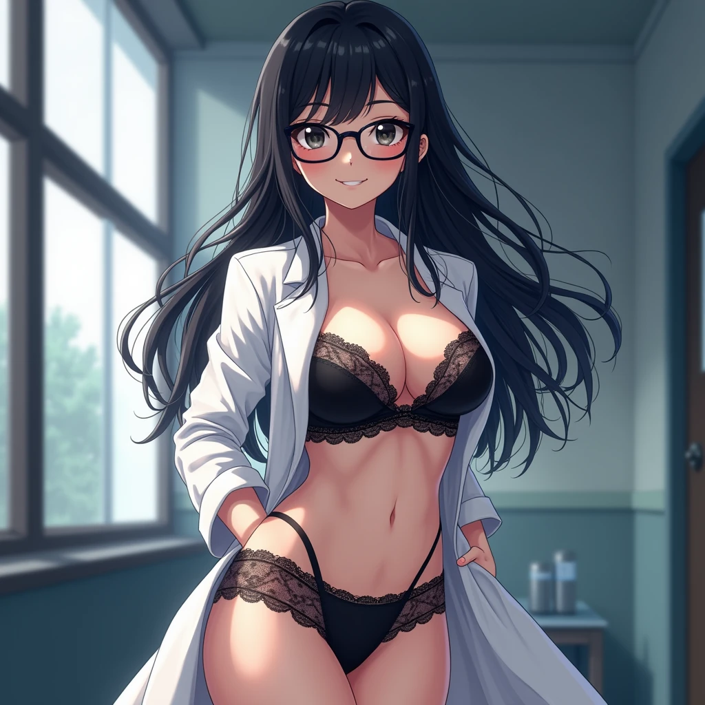 anime girl, black hair, black eyes wearing glasses, breasts 90 cm, cadet 70 cm, rear 100 cm, wearing black lace underwear and white lab coat, with a smile on his face